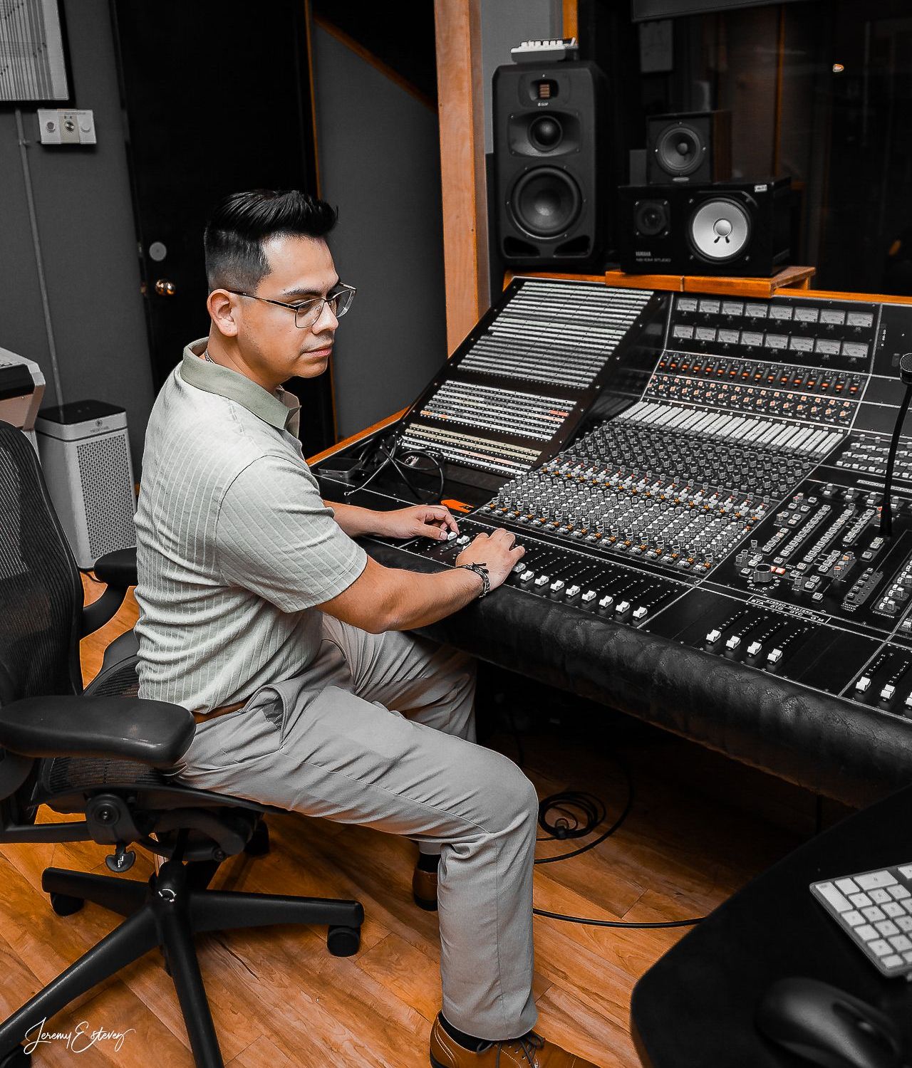GK (Kevin Galván) running a recording session on a large-format console