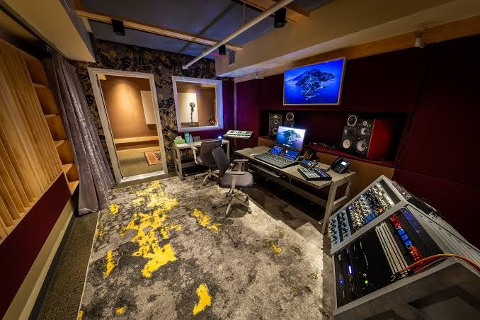 Control room and vocal booth at the professional recording studio in Boston where GK runs sessions
