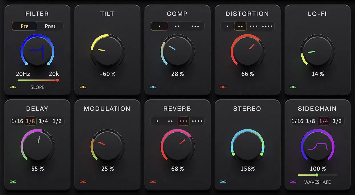 VIBECHAIN's 10 effect modules: Filter, Tilt, Comp, Distortion, Lo-Fi, Delay, Modulation, Reverb, Stereo, Sidechain